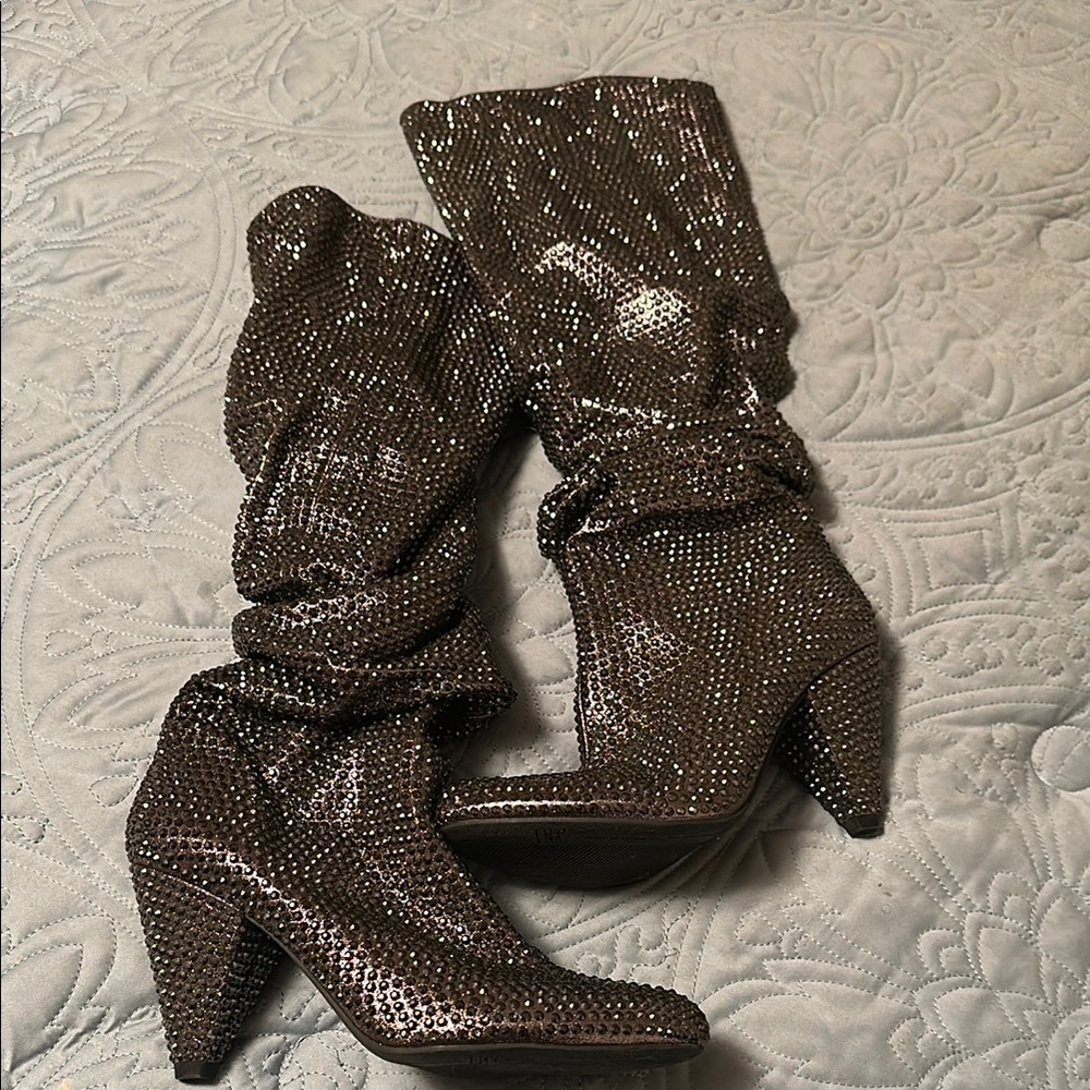 Silver Heeled Boots with Textured Material and Mid-Calf Height